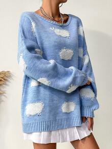 EURMUSE Jersey con patrón de dibujos animados de hombros caídos - Azul - Ver 6