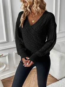 SHEIN Essnce Cable Knit Drop Shoulder Crossover Sweater - Black - View 6