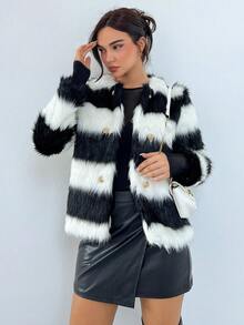 SHEIN Privé Striped Print Button Front Fuzzy Coat - Black and White - View 4