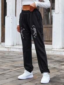 RueChic Skeleton Print Elastic Waist Sweatpants - Black - View 4