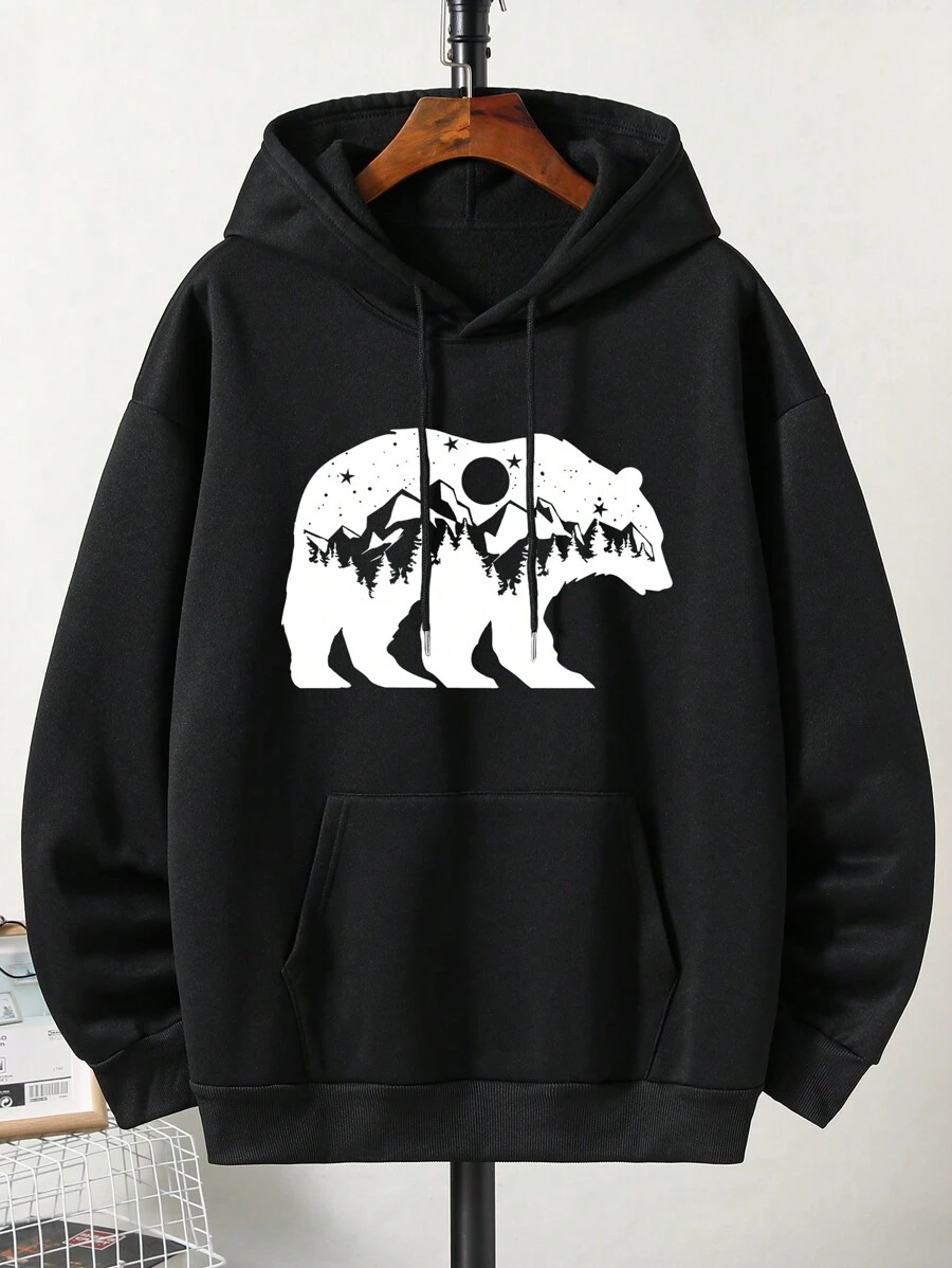 大碼動物印花袋鼠口袋抽繩保暖連帽衫 - 黑色 - 查看 1