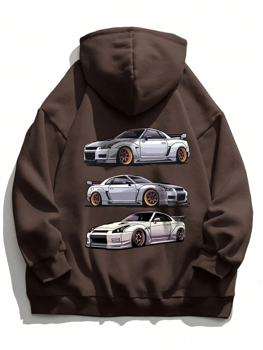 Men Car Print Drawstring Hoodie - Brown - View 1