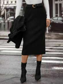 SHEIN EZwear Chất rắn Đồ đan Ribbed Tách rời Váy Không có thắt lưng - màu đen - Xem 1