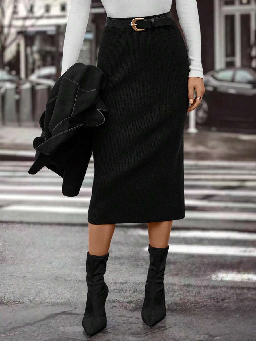 SHEIN EZwear Chất rắn Đồ đan Ribbed Tách rời Váy Không có thắt lưng - màu đen - Xem 1