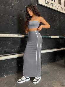 SHEIN EZwear 撞色滾邊抹胸上衣&鉛筆裙 - 深灰色 - 查看 6