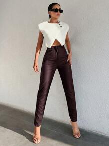 EURMUSE Solid High Waist PU Leather Pants - Brown - View 5