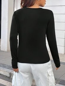 SHEIN Unity Chất rắn Nút phía trước Áo thun - màu đen - Xem 2