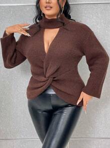 SHEIN Unity Plus Choker Neck Twist Front Sweater Knit Pullover Fall Winter Sweater - Brown - View 5