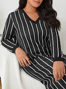SHEIN Frenchy Plus Striped Pattern Lantern Sleeve Sweater Dress Fall/Winter - Black and White - View 5