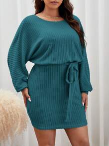 SHEIN Frenchy Plus Batwing Sleeve Belted Dress - Blue - View 5