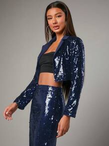 SHEIN BAE 西裝領短款亮片西裝外套 - 藏蓝色 - 查看 7