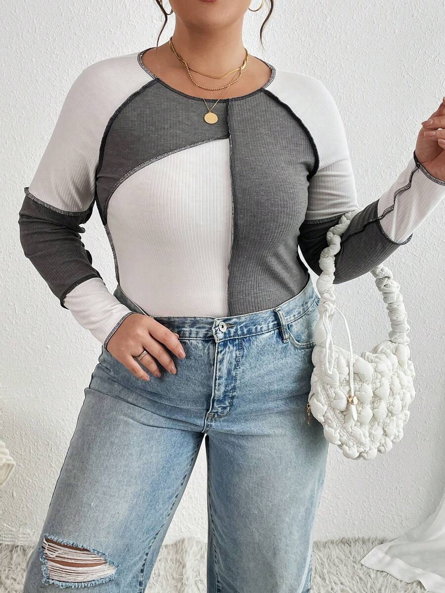 SHEIN Essnce Plus Two Tone Top-stitching Raglan Sleeve Tee - Multicolor - View 1