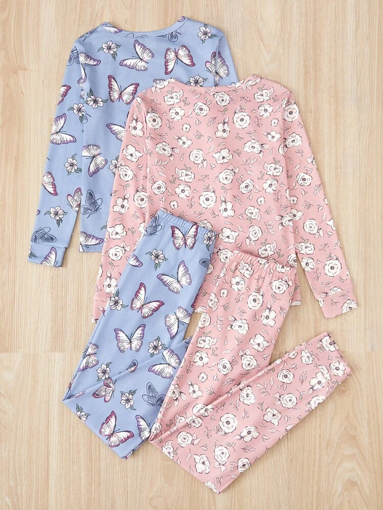 Ensemble Pyjama Ajusté À Imprimé Papillon Et Floral Pour Fille Pré-adolescente 2 Ensembles - Multicolore - Voir 2
