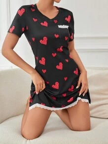 愛心圖案蕾絲邊睡裙