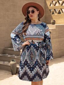 SHEIN VCAY 大碼幾何印花繫腰帶洋裝