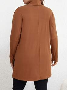 SHEIN LUNE Của phụ nữ Kích thước lớn Cổ cao Màu thuần Áo thun - Màu nâu  Mocha - Xem 4