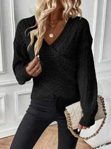 SHEIN Essnce Cable Knit Drop Shoulder Crossover Sweater - Black - View 5