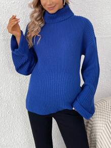 SHEIN 孕婦高領落肩袖套頭毛衣 - 藍色 - 查看 2
