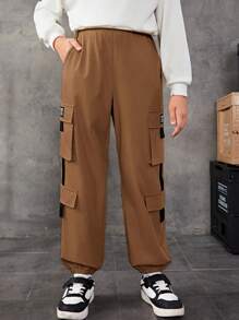 SHEIN Cô gái Tween Chi tiết Patched thư Túi nắp bên cạnh Quần Cargo - màu nâu - Xem 4