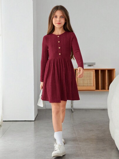 SHEIN Tween Girls' Solid Color Long Sleeve Round Neck Ribbed Dress With Front Buttons, Suitable For Autumn And Winter