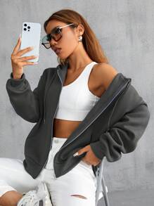 SHEIN Unity 拉鏈開襟落肩袖抽繩加絨內裏連帽衫 - 深灰色 - 查看 1