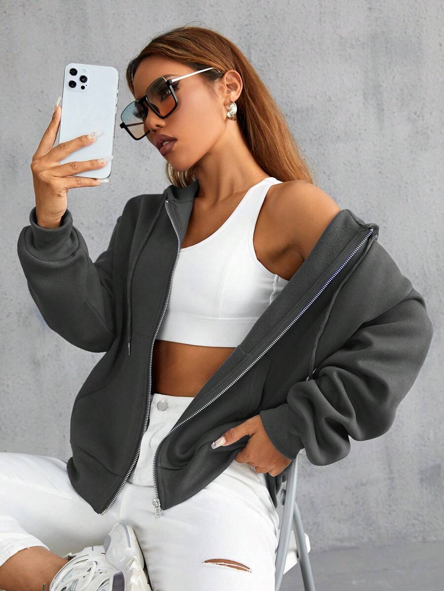 SHEIN Unity 拉鏈開襟落肩袖抽繩加絨內裏連帽衫 - 深灰色 - 查看 1