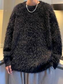 Men Solid Drop Shoulder Oversized Fluffy Sweater - Black - View 5