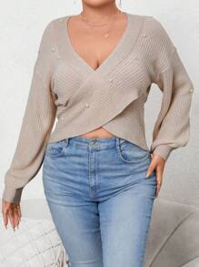 SHEIN Unity Áo len crop dáng suông, vai rớt, đính hạt ngọc trai giả, thích hợp cho mùa thu đông. - Màu be - Xem 4