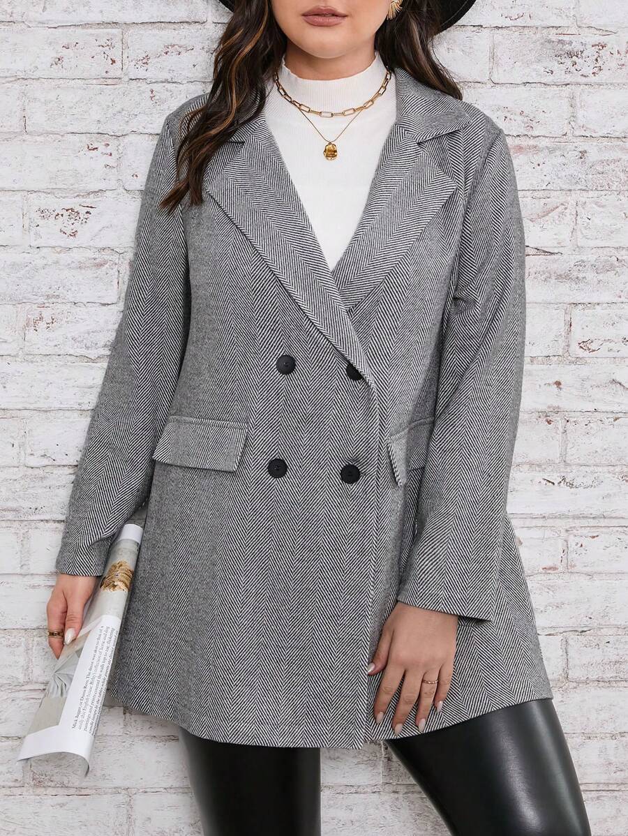 SHEIN LUNE Plus Herringbone Lapel Neck Double Breasted Overcoat - Grey - View 1