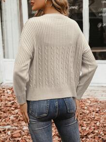 SHEIN Essnce 麻花編織落肩袖套頭毛衣 - 杏色 - 查看 2