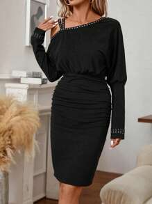 SHEIN Clasi Beaded Asymmetrical Neck Batwing Sleeve Ruched Bodycon Dress