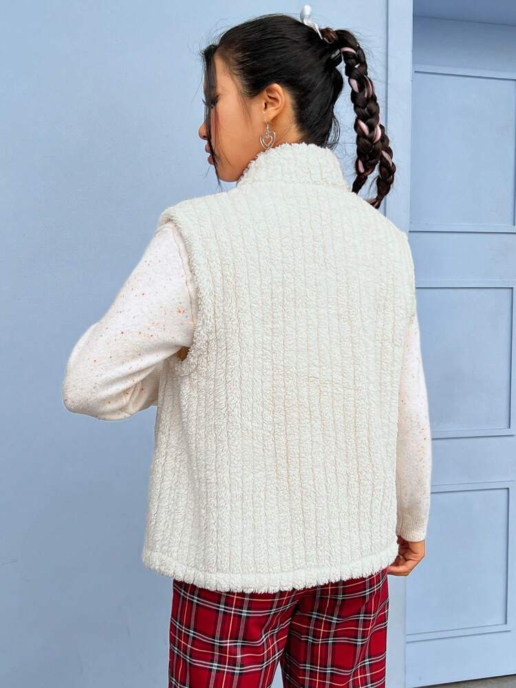Slogan and Strawberry Embroidery Zip Up Teddy Vest Coat