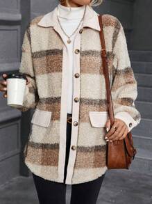 SHEIN LUNE In kẻ sọc Thả vai Áo khoác Teddy - Nhiều màu - Xem 5