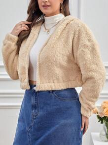 SHEIN Essnce Plus Drop Shoulder Hooded Crop Teddy Jacket Winter Fall Autumn - Khaki - View 4