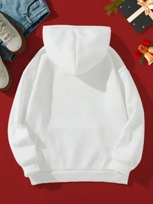 SHEIN EZwear Christmas Print Kangaroo Pocket Drawstring Thermal Hoodie - White - View 2