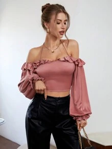 SHEIN Privé Ruffle Trim Flounce Sleeve Halter Neck Crop Blouse - Dusty Pink - View 3