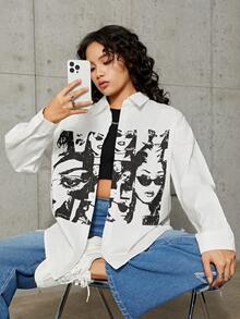 SHEIN Teenage Girls' Woven Solid Color Portrait Pattern Turn-down Collar Shirt - White - View 3