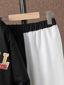 SHEIN Chica preadolescente Cazadora con estampado de letra de dos tonos cuello béisbol con pantalones deportivos sin camiseta