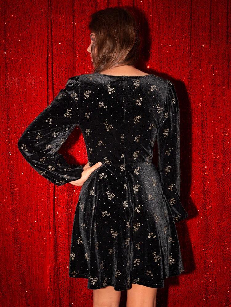 Star Pattern Lantern Sleeve Velvet Dress