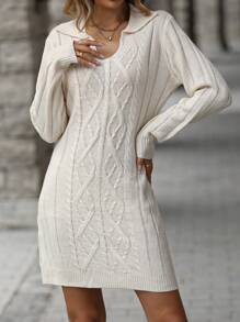 SHEIN LUNE Cable Knit Sweater Dress Without Belt - Beige - View 5