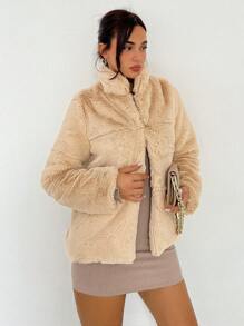 SHEIN Privé Solid Open Front Fuzzy Coat - Camel - View 4