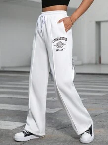 SHEIN Essnce Letter Graphic Drawstring Waist Seam Front Pants - White - View 3