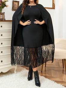 Calvaya Plus Contrast Lace Cloak Sleeve Dress - Black - View 5