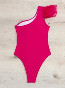 單肩荷葉邊連體泳衣 - 玫紅色 - 查看 5