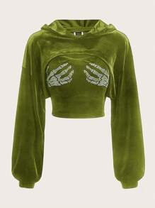 SHEIN EZwear 大碼水鑽骷髏手圖案落肩袖短款連帽衫&吊帶上衣 - 軍綠色 - 查看 1
