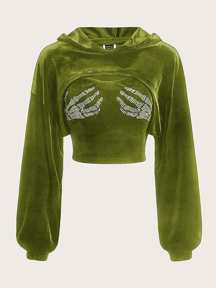 SHEIN EZwear 大碼水鑽骷髏手圖案落肩袖短款連帽衫&吊帶上衣 - 軍綠色 - 查看 1