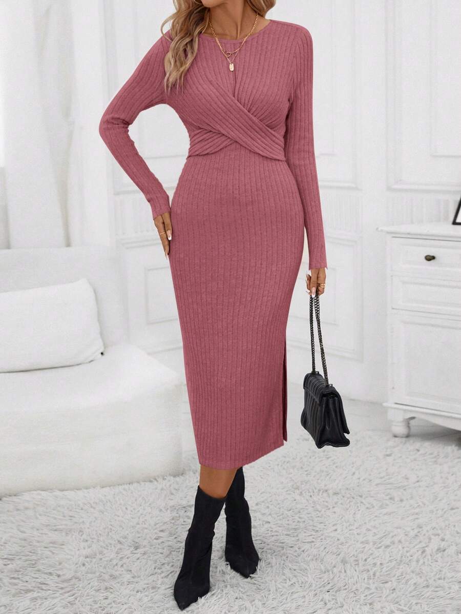 SHEIN Clasi Chất rắn Tách đùi Váy bodycon - Bụi hồng - Xem 1
