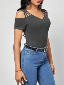 SHEIN Clasi Chất rắn Cắt ra Vai lạnh Áo thun - Xám - Xem 4