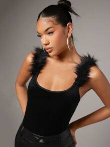 SHEIN BAE Fuzzy Trim Tank Bodysuit