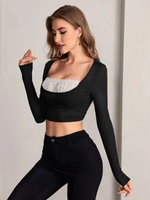 SHEIN Privé Contrast Mesh Ruched Bust Crop Tee, Going Out Top - Black - View 4